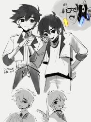  3boys alternate_costume antenna_hair artist_name brothers closed_mouth collared_shirt commentary_request crying double-parted_bangs glasses greyscale grin hair_between_eyes headset hero_(faraway)_(omori) hero_(omori) kel_(faraway)_(omori) kel_(omori) long_sleeves looking_at_viewer male_focus meme monochrome multiple_boys necktie omori oota_kuniyoshi_face_(meme) open_mouth rectangular_eyewear satsuki_1243 shirt short_sleeves siblings smile something_(omori) spot_color teeth translation_request 