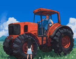  1boy 1girl alex_(degrees_of_lewdity) alex_(male)_(degrees_of_lewdity) backwards_hat bare_arms baseball_cap black_hair blue_hat blue_overalls blue_sky boots brown_boots character_name clouds cloudy_sky commentary degrees_of_lewdity dress from_behind gloves grass grin hat long_hair looking_at_another motor_vehicle on_tractor original outdoors overalls pants pants_tucked_in pinchiheadlock player_character_(degrees_of_lewdity) player_character_(female)_(degrees_of_lewdity) shirt short_sleeves sitting sky smile spread_legs standing steering_wheel tractor white_dress white_gloves white_shirt 