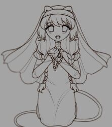  1girl bonnibelle bonnibelle_amai fangs indie_virtual_youtuber looking_at_viewer monochrome nun open_mouth solo stingray_girl stingray_tail teeth traditional_nun upper_teeth_only virtual_youtuber 
