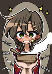  1girl absurdres bandaid bandaid_on_face bowl braid brown_hair chinese_text cloak drooling english_text food giving_food green_eyes hair_ornament hairclip highres hot hungry kancilae86 korean_text lona_(lonarpg) lonarpg medium_hair pov red_cloak simple_background soup sparkle spoon steam steaming_food stomach_growling twin_braids wide-eyed wooden_spoon 