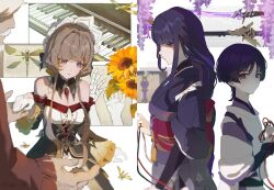  2boys 2girls absurdres alain_guillotin armor artist_name back_bow black_bow black_dress black_ribbon black_sash blue_eyes blunt_ends bow braid breasts bright_pupils brown_hair buttons closed_mouth collarbone cowboy_shot creator_and_creation detached_collar detached_sleeves dress electro_symbol_(genshin_impact) empty_eyes eyeshadow facial_hair fingernails floral_print flower frills from_side gem genshin_impact gloves gnosis_(genshin_impact) hage_80 hair_bow hand_up hands_up highres holding holding_hands holding_jewelry japanese_armor japanese_clothes jewelry kariginu katana kimono kote kurokote long_hair long_sleeves looking_at_another looking_back looking_down low-braided_long_hair low-tied_long_hair makeup medium_breasts mitsudomoe_(shape) mother_and_child mother_and_son multiple_boys multiple_girls musou_isshin_(genshin_impact) mustache neck_ribbon obijime official_alternate_costume open_mouth parent_and_child parted_bangs pendant pom_pom_(clothes) puffy_long_sleeves puffy_sleeves purple_flower purple_gem purple_hair purple_kimono raiden_shogun red_bow red_eyeshadow red_gem red_ribbon red_sash red_shirt ribbon sandrone_(genshin_impact) sash scaramouche_(genshin_impact) scaramouche_(kabukimono)_(genshin_impact) shaded_face shirt short_hair short_hair_with_long_locks sidelocks simple_background single_braid sleeveless sleeveless_dress standing sunflower sword tassel tomoe_(symbol) two-tone_dress violet_eyes vision_(genshin_impact) weapon white_background white_bow white_dress white_gloves white_headdress white_pupils white_sleeves wide_sleeves winding_key wing_collar yellow_bow yellow_flower 