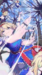  1girl absurdres alice_margatroid axe blonde_hair blue_dress blue_eyes capelet closed_mouth commentary_request doll dress forest frilled_dress frilled_sash frills hairband highres holding holding_axe jewelry nature outdoors puppet_rings puppet_strings red_hairband red_ribbon red_sash ribbon ring sash shanghai_doll short_hair smile snow solo touhou waist_sash white_capelet yuara 