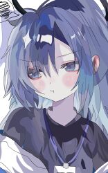  1girl absurdres black_halo black_shirt blue_archive blue_eyes blue_hair blue_jacket blush commentary_request gym_uniform halo highres id_card jacket jacket_partially_removed kurokawa_gonshi long_hair looking_at_viewer ponytail shirt yuuka_(blue_archive) yuuka_(track)_(blue_archive) 