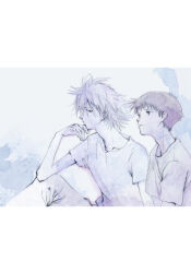  2boys absurdres adam's_apple black_hair border chiekooda0810 closed_mouth collarbone commentary_request elbow_on_knee from_side highres ikari_shinji knee_up looking_at_another looking_to_the_side male_focus multiple_boys nagisa_kaworu neon_genesis_evangelion shirt short_hair t-shirt upper_body white_border 