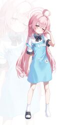  1girl :3 ;3 absurdres abydos_high_school_logo ahoge alternate_costume angel's_24_uniform_(blue_archive) apron black_bow black_bowtie blue_apron blue_archive blush bow bowtie collared_shirt commentary_request dlrkdals070707 full_body halo hand_up highres hoshino_(blue_archive) korean_commentary long_hair looking_at_viewer name_tag one_eye_closed pink_hair pink_halo polo_shirt sandals shirt shoes short_sleeves single_shoe slides socks solo striped_bow striped_bowtie striped_clothes white_shirt white_socks yellow_eyes zoom_layer 