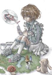  1girl aircraft apron blue_eyes bottle bow cup dog earrings flower helicopter highres hilite0706 jersey_maid jewelry loose_hair_strand maid maid_apron mushroom orange_hair original phone pond rabbit shoes short_hair sneakers socks solo stuffed_toy toy track_suit tulip unconventional_maid watch watch white_background white_socks 