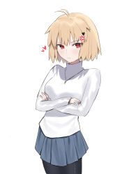  1girl absurdres ahoge anger_vein antenna_hair arcueid_brunestud blonde_hair blush breasts cat_hair_ornament coti_neko hair_ornament heart highres jewelry large_breasts long_sleeves looking_at_viewer necklace red_eyes short_hair simple_background skirt solo spoken_heart sweater tsukihime tsukihime_(remake) turtleneck turtleneck_sweater white_background white_sweater 