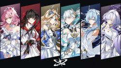  6+girls absurdres aemeath_(wuthering_waves) bare_shoulders black_hair blonde_hair blue_eyes blue_hair breasts cartethyia_(wuthering_waves) chisa_(wuthering_waves) closed_mouth colored_inner_hair commentary dress earrings english_commentary grey_eyes hair_intakes hair_ornament hair_over_one_eye hair_ribbon halo hand_up highres jacket jewelry jinhsi_(wuthering_waves) large_breasts logo long_hair looking_at_viewer mornye_(wuthering_waves) multicolored_hair multiple_girls official_alternate_costume orange_eyes pink_hair pointy_ears red_eyes red_hair red_ribbon rena_(rena_emc2) ribbon shirt shorekeeper_(wuthering_waves) skirt small_breasts smikle smile triangle_earrings white_dress white_hair white_jacket white_shirt white_skirt wuthering_waves 