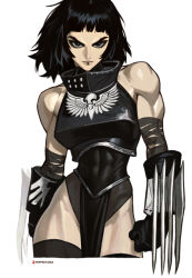 1girl adeptus_astartes aquila_(symbol) armor black_hair bracer breastplate breasts claws commentary corvus_corax_(warhammer) covered_abs covered_navel genderswap genderswap_(mtf) large_breasts leotard looking_at_viewer muscular muscular_female pelvic_curtain peppertama primarch solo warhammer_40k