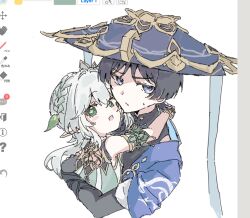  1boy 1girl ais_no_tye armlet armor art_program_in_frame black_bodysuit black_hair blue_cape blue_hat blue_jingasa blunt_ends bodysuit bracelet braid bridal_gauntlets cape closed_mouth commentary_request cross-shaped_pupils detached_sleeves dress eyelashes genshin_impact gold gold_armlet gold_bracelet green_cape green_eyes green_hair green_sleeves grey_bridal_gauntlets grey_pupils hair_intakes hair_ornament half_crown_braid hand_on_another's_back hat hug hug_day japanese_armor jewelry jingasa kote kurokote leaf leaf_hair_ornament looking_at_viewer mandarin_collar medium_hair multicolored_hair nahida_(genshin_impact) partially_shaded_face pointy_ears possessive scaramouche_(genshin_impact) short_sleeves shoulder_peek side_cape sketch streaked_hair sweatdrop symbol-shaped_pupils tsurime violet_eyes wanderer_(genshin_impact) white_background white_dress white_hair white_sleeves white_trim wispy_bangs wolf_cut 