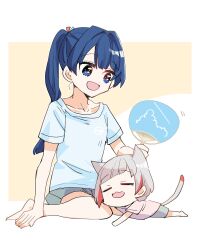  2girls aged_down animal_ears blue_eyes blue_hair blue_shirt cat_ears cat_girl cat_tail collarbone commentary_request dollchestra grey_hair grey_shorts hand_fan highres holding holding_fan kanduki_kamibukuro kemonomimi_mode long_hair looking_at_another love_live! love_live!_hasu_no_sora_jogakuin_school_idol_club multicolored_hair multiple_girls murano_sayaka paper_fan ponytail red_streaks shirt short_hair short_sleeves shorts simple_background streaked_hair tail uchiwa virtual_youtuber yellow_background yugiri_tsuzuri 