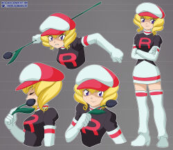  1girl black_flower black_tulip blonde_hair boots clenched_hand closed_eyes crossed_arms domino_(pokemon) drill_hair english_commentary flower grey_background hat high_heel_boots high_heels highres multiple_views newsboy_cap nico-neko pokemon pokemon_(anime) pokemon_(classic_anime) short_hair standing team_rocket team_rocket_uniform tulip twin_drills violet_eyes 