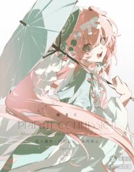  1girl absurdres animal_ears bow checkerboard_cookie_hair_ornament commission cookie_hair_ornament dog_ears food-themed_hair_ornament green_eyes hair_between_eyes hair_bow hair_ornament highres lai_kou_li_huamao lily_pad_hair_ornament long_hair long_sleeves mihuashi_commission mihuashi_logo mihuashi_username oil-paper_umbrella open_mouth original sample_watermark simple_background smile solo umbrella very_long_hair watermark white_background white_bow wide_sleeves 