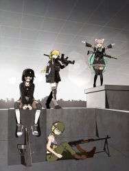  4girls absurdres ahoge ammunition_pouch assault_rifle aviator_sunglasses baseball_cap black_dress black_hair black_hat black_jacket black_thighhighs blonde_hair boots braid brown_boots bulletproof_vest chest_rig closed_mouth combat_helmet detached_sleeves dress green_eyes green_halo green_pants grey_shorts gun halo hat headset helmet highres jacket knee_pads light_machine_gun long_hair looking_at_viewer machine_gun midriff military military_vehicle motor_vehicle multicolored_hair multiple_girls navel nyagurisushi open_mouth original pants pink_hair pouch rifle rooftop rpk-74 short_hair shorts side_braid sitting standing sunglasses tactical_clothes tank thigh-highs thigh_strap two-tone_hair urban weapon weapon_request wide_shot 