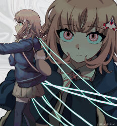  1girl absurdres animal_bag bag cat_bag collared_shirt commentary_request cowboy_shot danganronpa_(series) danganronpa_2:_goodbye_despair flipped_hair hair_ornament highres hood jacket long_sleeves looking_at_viewer medium_hair miniskirt nanami_chiaki neck_ribbon necktie open_clothes open_jacket oteage pink_bag pink_eyes pink_hair pink_ribbon pleated_skirt ribbon shirt skirt solo thigh-highs upper_body white_shirt 