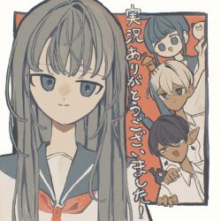  2boys 2girls ahoge ahoge_girl_(jimini_shijimi) blue_eyes blue_hair blue_sailor_collar blue_serafuku blunt_bangs border brown_hair closed_mouth collared_shirt commentary_request creature crossed_bangs dark-skinned_male dark_skin dot_nose earrings floating_earrings hair_between_eyes hand_on_another's_shoulder highres horns ice_god_(jimini_shijimi) jewelry jimini_shijimi long_sleeves looking_at_another looking_at_viewer multiple_boys multiple_girls neckerchief open_mouth original outside_border pointy_ears red_background red_neckerchief sailor_collar school_uniform serafuku shirt short_eyebrows short_hair short_sleeves sidelocks smile translation_request white-haired_man_(jimini_shijimi) white_border white_hair 