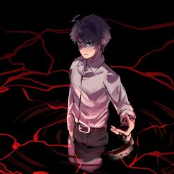  1boy absurdres belt black_hair black_pants blood blood_on_hand blue_eyes bright_pupils collared_shirt from_above highres looking_at_viewer male_focus masa_aoiro messy_hair mystic_eyes_of_death_perception pants partially_submerged pool_of_blood reflection reflective_liquid shade shirt sleeves_rolled_up solo staring tohno_shiki tsukihime tsukihime_(remake) white_pupils white_shirt wing_collar 