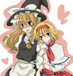  alice_margatroid arm_hug bad_id blonde_hair blue_eyes blush bow braid brown_eyes brown_hair capelet hairband hat head_on_shoulder headband heart kakokou kirisame_marisa light_brown_hair long_hair multiple_girls pout short_hair tottoto_tomekichi touhou witch_hat yuri 