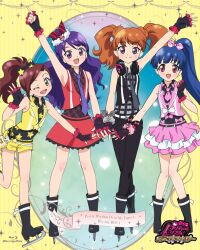  4girls :d ;d ageha_mia arm_up belt belt_buckle black_belt black_jacket black_pants blu-ray_cover blu-ray_logo blue_hair brown_eyes brown_hair buckle clenched_hand closed_mouth copyright_logo copyright_name cover fingerless_gloves full_body gloves grey_necktie high_ponytail highres ice_skates index_finger_raised jacket logo long_hair looking_at_viewer miniskirt miyama_reina multiple_girls necktie official_art one_eye_closed ooruri_ayami open_mouth outstretched_arm pants pink_jacket pink_necktie pink_shorts pink_skirt ponytail pretty_rhythm pretty_rhythm_dear_my_future pretty_series purple_hair purple_necktie red_jacket red_skirt scrunchie shijimi_karin shorts skates skirt sleeveless sleeveless_jacket smile sparkle standing straight-on twintails violet_eyes wrist_scrunchie yellow_jacket 