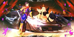  2girls absurdres armor blonde_hair bodysuit car commentary glazedhersheys highres magik's_crown magik_(x-men) marvel motor_vehicle multicolored_bodysuit multiple_girls pauldrons psylocke purple_hair shoulder_armor single_pauldron spiked_thigh_strap spikes superhero_costume x-men x-uniform 