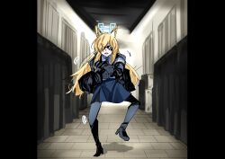  1girl animal_ear_fluff animal_ears armband black_boots black_jacket black_pantyhose blue_archive blue_armband blue_halo blue_necktie blue_shirt blue_skirt boots collared_shirt commentary_request dancing dog_ears dog_girl gangnam_style ganma_(nicoseiga52595768) halo hands_up highres jacket kanna_(blue_archive) leg_up long_hair miniskirt motion_lines necktie pantyhose parody pillarboxed sharp_teeth shirt skirt solo sunglasses teeth 
