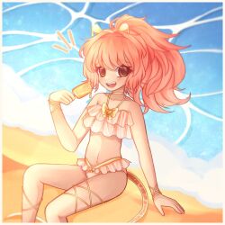  beach bikini bonnibelle bonnibelle_amai bow bow_bikini breasts brown_eyes chest_bow choker fang food frilled_bikini frills hair_intakes heart heart-shaped_gem ice_cream indie_virtual_youtuber leg_ribbon melting_ice_cream ocean open_mouth orange_hair ponytail ribbon sand shore small_breasts smile stingray_girl stingray_tail swimsuit teeth virtual_youtuber water wrist_ribbon 