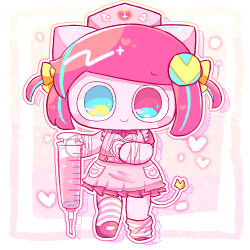  1girl animal_ears apron asymmetrical_legwear bandaged_arm bandages blue_eyes blue_streaks blush_stickers border bow buttons cat_ears closed_mouth collared_shirt colored_skin commentary_request frilled_apron frills gradient_background hair_bow hair_ornament hand_on_own_chest hat heart heterochromia holding holding_syringe large_syringe looking_at_viewer mismatched_legwear multicolored_hair nurse nurse_cap nutschama oversized_object pastel_colors pepoyo_(copyright) pink_apron pink_background pink_eyes pink_shirt pink_shoes pink_skin pink_skirt pleated_skirt pocket poyoroid_sou shirt shoes short_hair short_sleeves skirt smile solo streaked_hair striped_clothes striped_thighhighs syringe tail thigh-highs two_side_up white_border yellow_background yellow_bow 