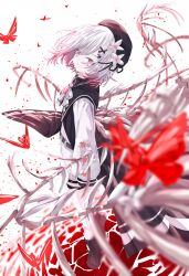  1girl belt black_hat black_shoes bug butterfly coat collared_coat commentary_request flower flower-trimmed_sleeves gradient_hair hair_ornament hat hat_flower highres looking_at_viewer mahou_shoujo_no_majo_saiban multicolored_hair pink_eyes pink_hair red_butterfly sakuraba_ema shoes short_hair shorts side_capelet skeletal_wings sleeveless sleeveless_coat solo spoilers tatsunami1379 white_background white_flower white_hair white_shorts wings witch_(manosaba) x_hair_ornament 