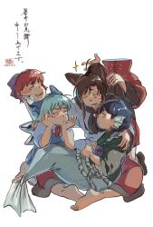  4girls animal_ears arm_around_another's_back barefoot black_shirt blue_bow blue_dress blue_hair blush bow bowtie brooch cirno cloak closed_eyes commentary dated disembodied_head dress fins frilled_kimono frills grass_root_youkai_network green_kimono hair_bow hair_bun head_fins highres ice ice_wings imaizumi_kagerou japanese_clothes jewelry jitome kimono kneeling kokechankokko long_sleeves merfolk mermaid monster_girl multiple_girls open_mouth parted_lips pursed_lips red_bow red_bowtie red_cloak red_hair red_skirt sekibanki shirt short_hair short_sleeves sideways_glance sitting skirt smile sparkle touhou translation_request untranslatable_commentary wakasagihime white_background white_dress white_shirt wings wolf_ears wolf_girl 