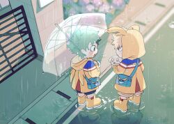  2boys all_might baby_animal bakugou_katsuki blonde_hair blush boku_no_hero_academia boots brown_shorts child closed_mouth commentary_request dog freckles green_hair green_shorts highres holding holding_umbrella hood male_focus midoriya_izuku multiple_boys open_mouth puppy rain raincoat red_eyes rubber_boots short_hair shorts smile spiky_hair superhero_costume tachi_(tachibana) transparent transparent_umbrella umbrella water_drop wet yellow_boots yellow_raincoat 