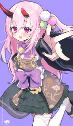  1girl :d artist_logo artist_name black_skirt black_sleeves blush bow bowtie broken_horn brown_skirt commentary_request cowboy_shot crossed_bangs detached_sleeves flat_chest frilled_skirt frills gradient_eyes hair_between_eyes hair_ornament highres horns indie_virtual_youtuber japanese_clothes kanehira_ame kimono kimono_skirt layered_skirt logo long_hair looking_at_viewer multicolored_eyes naname_(7name) obi okobo one_side_up oni open_mouth pink_eyes pink_hair platform_sandals pom_pom_(clothes) pom_pom_hair_ornament purple_background purple_bow purple_bowtie purple_sash reaching reaching_towards_viewer red_horns sandals sash simple_background skirt sleeveless sleeveless_kimono sleeves_past_wrists smile solo standing standing_on_one_leg thigh-highs violet_eyes virtual_youtuber w white_thighhighs wide_sleeves 