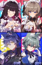  2boys 2girls absurdres animal_ear_fluff animal_ears aqua_hair black_capelet black_coat black_hair black_ribbon blue_background blue_eyes blue_gem blue_hair blue_jacket bow bowtie breasts brown_hair capelet cat_ears cat_girl character_name closed_eyes closed_mouth coat collared_shirt columbina_(genshin_impact) commentary_request crossed_bangs double-parted_bangs dress finger_heart flins_(genshin_impact) gem genshin_impact gloves gradient_hair hair_between_eyes hair_intakes hair_ornament hair_ribbon halftone head_wings heart heart_hands high_collar highres jacket kemonomimi_mode lohen_(genshin_impact) long_hair looking_to_the_side male_focus mask medium_breasts mole mole_under_eye multicolored_eyes multicolored_hair multicolored_shirt multiple_boys multiple_girls open_mouth parted_lips pink_eyes pink_hair pixel_heart rabbit_boy rabbit_ears raramuda_0101 ribbon sandrone_(genshin_impact) shirt short_hair sideways_glance smile twitter_username upper_body white_bow white_bowtie white_dress white_gloves white_headdress white_mask white_ribbon white_shirt wing_collar wings x_hair_ornament yellow_eyes 