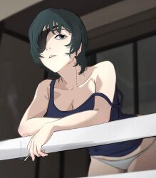  1girl absurdres blue_camisole breasts camisole chainsaw_man cigarette closed_mouth collarbone commentary_request eyelashes eyepatch green_eyes green_hair highres himeno_(chainsaw_man) holding holding_cigarette kaorunnrunn1904 leaning_forward on_railing panties parted_lips railing short_hair solo teeth underwear white_panties 