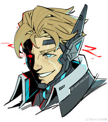  1boy blonde_hair blue_eyes chinese_commentary commentary cyberpunk dark_persona eye_trail grin guardians_of_the_galaxy heterochromia highres light_trail looking_ahead male_focus marvel marvel_rivals maygi_mie_ji official_alternate_costume one_eye_in_shadow portrait red_eyes short_hair smile solo star-lord star-lord_(glory_gunner) symbol-shaped_pupils twitter_username white_background 