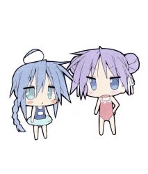  2girls ahoge blush_stickers braid braided_ponytail hair_bun hand_on_own_hip highres hiiragi_kagami izumi_konata lucky_star multiple_girls one-piece_swimsuit pool_float school_swimsuit shiki_59 swimsuit 