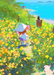  1girl absurdres beach black_cat boots bug building butterfly cat child closed_mouth day dress flower from_behind grass hat highres holding holding_flower horizon long_hair looking_back mengxuanliart orange_hair original outdoors smile solo walking water white_boots white_cat white_dress white_hat wide_shot witch_hat yellow_flower 