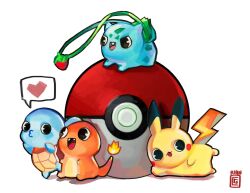  artist_name black_eyes bulbasaur charmander commentary english_commentary fangs fire flame-tipped_tail heart highres no_humans open_mouth pikachu poke_ball pokemon pokemon_(creature) pokemon_focus pokemon_red/green/blue/yellow rian_gonzales simple_background speech_bubble spoken_heart squirtle starter_pokemon_trio tail tongue tongue_out white_background 