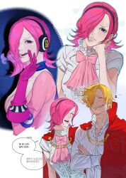  1boy 1girl 1spoon_1 blonde_hair blue_neckerchief brother_and_sister brothers cigarette commentary curly_eyebrows dress gloves hair_over_one_eye headphones highres neckerchief one_piece pink_dress pink_gloves pink_hair sanji_(one_piece) siblings smile vinsmoke_reiju 
