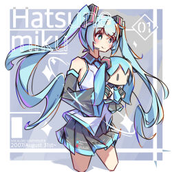  1girl bare_shoulders black_sleeves blue_eyes blue_hair blue_necktie blush border bright_pupils character_and_character_item character_doll character_name closed_mouth collared_shirt commentary_request cropped_legs detached_sleeves doll fuwapuchi grey_background grey_shirt hatsune_miku highres holding holding_doll long_hair long_sleeves necktie outside_border shirt sleeveless sleeveless_shirt smile solo sparkle tetenka twintails very_long_hair vocaloid white_border white_pupils wide_sleeves 