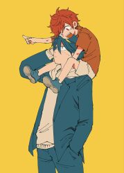  2boys aged_down akaba_(fate_rewinder) blue_hair blue_pants carrying child fate_rewinder hand_in_pocket hands_in_pockets highres hood hoodie jacket male_focus multicolored_hair multiple_boys null25070 open_clothes open_mouth orange_shirt pants pointing red_eyes red_hair sharp_teeth shirai_(fate_rewinder) shirt shoes short_hair shorts shoulder_carry simple_background smile sneakers t-shirt teeth white_shorts yellow_background yellow_eyes 