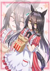  1girl absurdres ahoge animal_ears black_hair blush closed_eyes closed_mouth commentary_request different_zoom_layer dress ear_tag earrings employee_uniform fast_food_uniform gentiano815 hair_between_eyes highres horse_ears horse_girl horse_tail jewelry kfc long_bangs long_hair long_hair_between_eyes manhattan_cafe_(umamusume) multicolored_hair official_alternate_costume open_mouth red_dress single_earring smile solo star_(symbol) striped_clothes striped_dress tail umamusume vertical-striped_clothes vertical-striped_dress white_hair white_wrist_cuffs wrist_cuffs yellow_eyes zoom_layer 