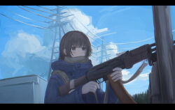  1girl absurdres assault_rifle attamaf866 blue_coat blue_sky brown_eyes brown_hair building cable clouds coat covered_mouth gun gun_sling highres holding holding_gun holding_weapon kalashnikov_rifle light_machine_gun machine_gun original power_lines rifle rpk-74 scarf short_hair sky solo transmission_tower weapon 