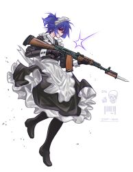  1girl absurdres ak-47 apron assault_rifle bad_source bandaid bandaid_on_face bandaid_on_nose bayonet black_dress black_gloves black_pantyhose black_shoes collar cross cross_earrings dress earrings enmaided fang floating freckles from_side gloves gun highres holding holding_gun holding_weapon jewelry kalashnikov_rifle long_sleeves maid maid_headdress original pantyhose ponytail rifle shoes sideways_glance skin_fang solo weapon weapon_request white_apron white_collar zap-nik 