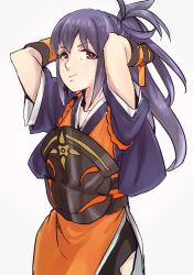 1girl armor black_armor blue_hair brown_eyes cowboy_shot fire_emblem fire_emblem_fates hair_between_eyes high_ponytail highres japanese_armor japanese_clothes long_hair looking_at_viewer misokatsuhaumai oboro_(fire_emblem) ponytail simple_background solo white_background 