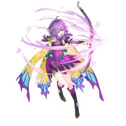  1girl archery arrow_(projectile) artist_request bare_shoulders bernadetta_von_varley bernadetta_von_varley_(resplendent)_(fire_emblem) boots bow_(weapon) bridal_gauntlets bug butterfly cape detached_sleeves drawing_bow dress fairy fighting_stance fire_emblem fire_emblem:_three_houses fire_emblem_heroes gradient_cape grey_eyes holding holding_arrow holding_bow_(weapon) holding_weapon looking_at_viewer official_alternate_costume open_mouth plant purple_boots purple_butterfly purple_dress purple_hair quiver short_hair shorts solo transparent_background vines weapon yellow_cape yellow_shorts 