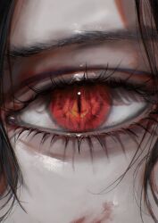  1girl black_hair blood blood_on_face chromatic_aberration close-up eye_focus eye_veins eyelashes faith666 highres original red_eyes slit_pupils vampire 
