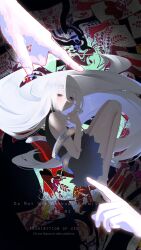  1girl absurdres black_dress blue_dress closed_mouth commentary dress gradient_clothes gradient_dress grey_hair hair_between_eyes highres long_hair long_hair_between_eyes looking_at_viewer no_noru partially_shaded_face red_eyes ribbon_around_body sleeveless sleeveless_dress snake solo thighs touhou turtleneck turtleneck_dress untranslatable_commentary very_long_hair watermark yuiman_asama 