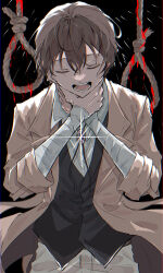  1boy absurdres black_background brown_hair bungou_stray_dogs closed_eyes commentary_request cowboy_shot dazai_osamu_(bungou_stray_dogs) facing_viewer hair_between_eyes highres kaedesan47 male_focus noose open_clothes open_mouth shade short_hair simple_background solo standing strangling_self 