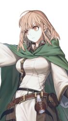  1girl ahoge arm_up belt belt_buckle black_pantyhose blonde_hair breasts brown_belt buckle cloak commentary cowboy_shot cropped dress eyelashes flask green_cloak highres jewelry jun_(navigavi) large_breasts long_sleeves looking_to_the_side medium_hair orange_eyes original pantyhose pelvic_curtain pouch simple_background solo standing thigh-highs white_background white_dress wizard_(navigavi) 