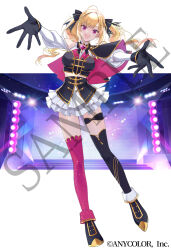  1girl :d ahoge aiguillette asymmetrical_legwear black_boots black_capelet black_gloves black_ribbon black_shirt black_thighhighs blonde_hair boots breasts capelet clothing_cutout commentary company_name copyright_notice crop_top fold-over_boots frilled_skirt frills full_body gem gloves gold_trim hair_ribbon idol_clothes itoma long_hair long_sleeves looking_at_viewer midriff mismatched_legwear night nijisanji nijisanji_matching_outfit official_art open_mouth pink_capelet pink_gem pink_thighhighs reaching reaching_towards_viewer ribbon sample_watermark shirt shoulder_cutout single_bare_shoulder skirt sky smile solo stage stage_lights star_(sky) starry_sky takamiya_rion thigh-highs thigh_strap twintails two-sided_capelet two-sided_fabric violet_eyes virtual_youtuber watermark white_shirt white_skirt 
